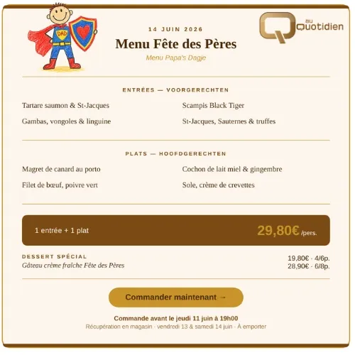 MENU Fête des Pères (Tartare de saumon norvégien et carpaccio de St. Jacques, Magret de canard, jus brun au porto, sirop et poivre noir, gratin)
