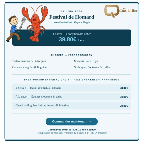 Menu Kreeftenfestival (Tartaar van Noorse zalm en carpaccio van St. Jakobsschelpen, Hele baby kreeft Bellevue, mayo, cocktail, pikante knoflook, garnituur)